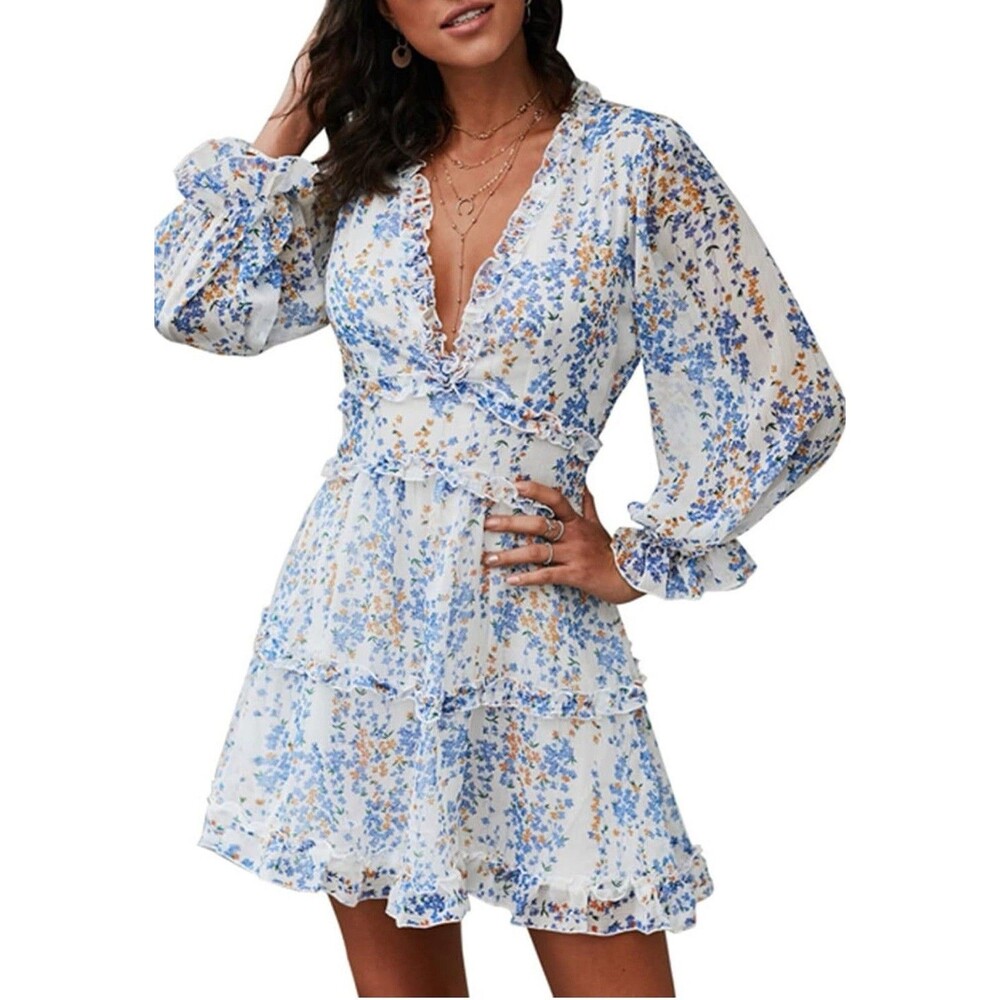Women's Casual Summer Ruffle V Neck Backless Swing Mini Dresses Floral XS